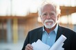 © DigitalMagicVisions - Senior Business Owner Inspecting Corporate Building Construction Outdoors with Blueprints in Hand - Medium Shot
