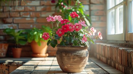 Flowerpot with a beautiful flower pelargonium in the room