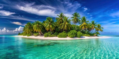 Wall Mural - Tropical island with white sandy beaches, crystal clear blue waters, and lush green palm trees, tropical, island, beach