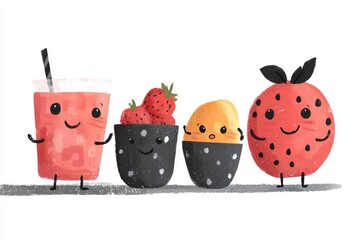 Wall Mural - Cute Fruit Characters with Drinks and Straw