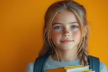 education and school concept - smiling little student girl with many books at school