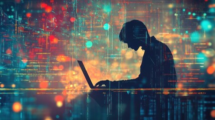 Silhouette of a Person Working on Laptop with Digital Background