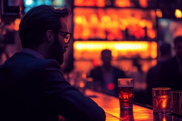 Man in a dimly lit bar enjoying a drink alone creating a moody introspective atmosphere with warm tones and a sense of solitude capturing a moment of quiet reflection in a social setting