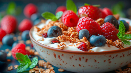 Wall Mural - Yogurt with berries close-up, healthy breakfast