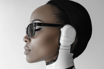 Poster - Side profile of a woman with futuristic headphones blending human and robotic elements symbolizing the fusion of technology and humanity in a sleek high tech setting