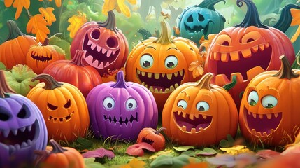 a colorful cartoon pumpkin patch with various jack-o'-lanterns, each with a unique and silly face.
