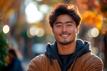 Portrait of a smiling young Asian man with goatee in the street wearing a hooded brown sweatshirt, arms crossed and looking at camera.