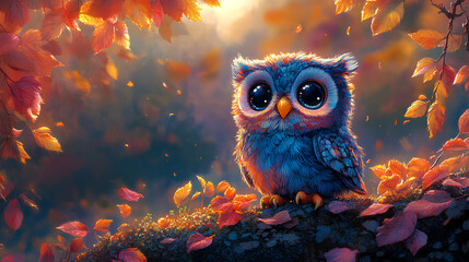 Poster - illustration detail print of cute colorful baby owls on nature background