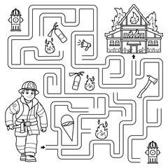 Puzzle for kids. Labyrinth. Find the fireman's way to the burning house. Coloring for kids