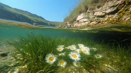 Wall Mural -   A cluster of daisies bobbing in the water along a rocky shoreline on a bright day