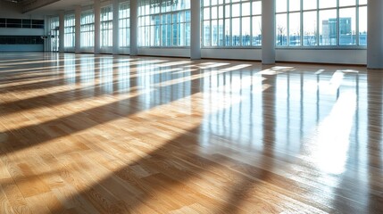 Wall Mural -  A spacious room featuring multiple windows and hardwood floors on one side, while the opposite side boasts a wooden floor