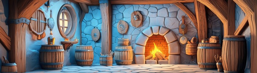 3d illustration of a warm and inviting fantasy tavern featuring a cozy fire and rustic wooden beams