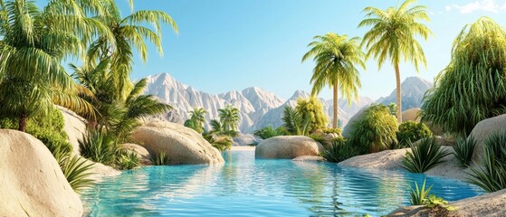 Wall Mural - Breathtaking 3d illustration of a desert oasis with palm trees and crystal-clear water