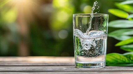   A glass of water sits on a wooden table beside a lush green foliage