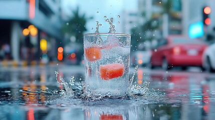   A close-up of a glass filled with oranges against a backdrop of a red car