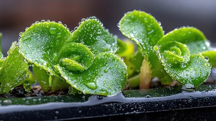   A close-up of a green plant with water droplets on its leaves and fallen leaves on the ground