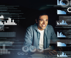 Wall Mural - man, overlay and excited on computer with coding at night as employee for overtime and deadline with