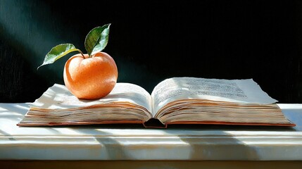 Wall Mural -   An apple rests atop an open book on a windowsill, adorned by a verdant leaf