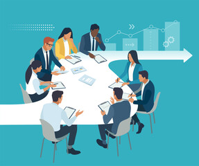 Business plan. Strategy. The team sits around the arrow sign and discusses the business goal. Vector illustration.
