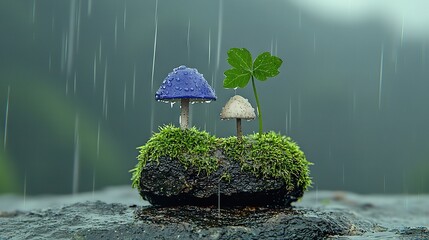 Wall Mural -   A pair of tiny mushrooms rest atop a moss-covered rock near a lush, green plant