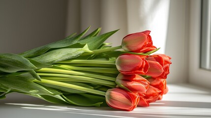 Wall Mural -   A group of red tulips resting on a window sill near a sunlit window