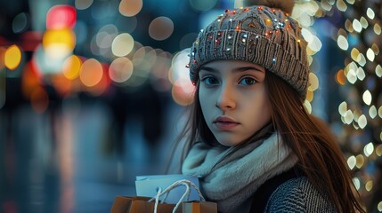 amazing a portrait of teenage girl with paper bags in shopping center at christmas