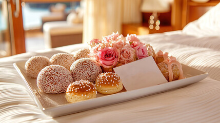 Poster -   A tray of donuts on a bed with a Happy card next to one of them