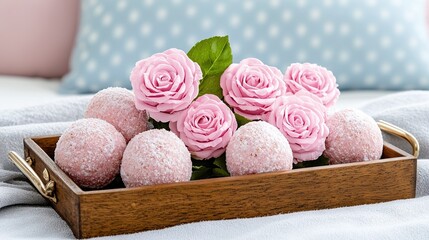 Wall Mural -   A wooden tray brimming with doughnuts dusted in powdered sugar and adorned with a delicate pink rose atop