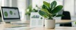 © Natalia - Office environment with green plants on desks, surrounded by charts and reports on sustainable business strategies, greenery report, sustainability metrics