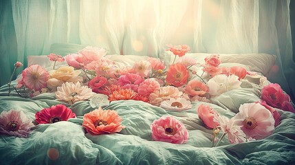 Wall Mural -   A bed adorned with flowers, illuminated by sunlight streaming through the window's curtains