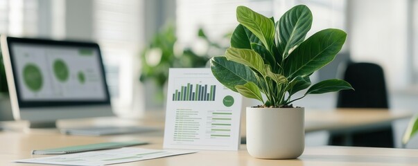 Office environment with green plants on desks, surrounded by charts and reports on sustainable business strategies, greenery report, sustainability metrics