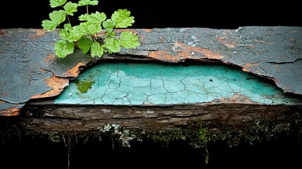 Wall Mural -   A sprouting plant emerges from a wooden crack, its lush green foliage flourishing