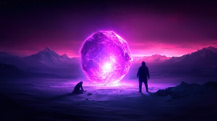 Wall Mural - a man stands alone in the heart of a barren desert, staring up at a vast and mysterious sky, where a