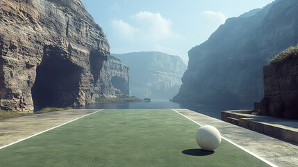 Wall Mural -   A white ball sits atop a tennis court near a green-covered cliff face