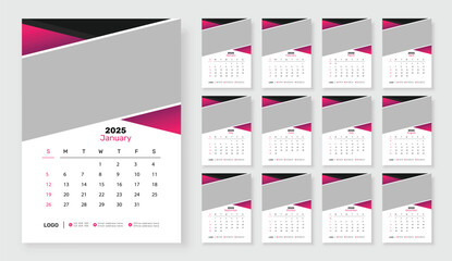 Wall Mural - 2025 Wall calendar template, corporate 12 month wall calendar 2025 schedule, week starts on Sunday, Simple vertical calendar design template.