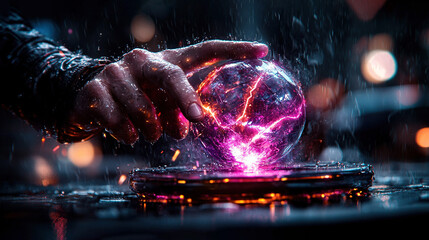 Wall Mural -   Hand touching purple ball on table Lights illuminating scene