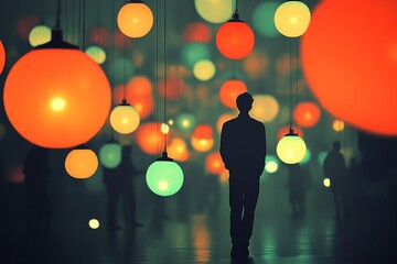 Wall Mural - artistic and abstract image of a person walking through a gallery of large colorful hanging lamps cr
