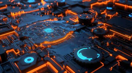 Abstract Circuit Board with Glowing Lines and Components