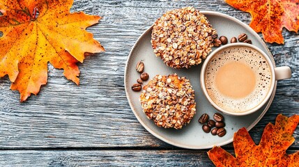   A plate of two cookies sits beside a steaming cup of coffee on an autumn-leaf-covered table