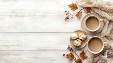 Wall Mural -   Two cups of coffee and a plate of cupcakes on a white wooden tabletop, copy space available