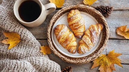   A white plate holds croissants, a cup of coffee and an autumn leaf pile