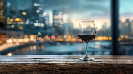 Wall Mural -   Red wine sits on table facing cityscape with lit skyline