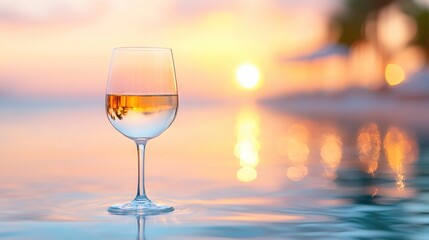 Wall Mural -   A glass of wine rests atop a table beside a tranquil body of water during a stunning sunset