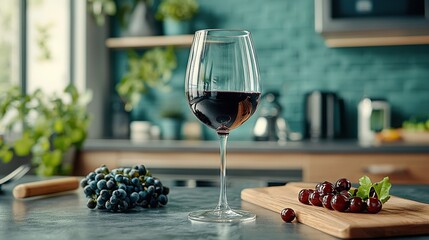 Wall Mural -   A glass of wine perched atop a counter beside a cutting board filled with grapes and cherries