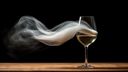 Wall Mural -   A glass of wine rests atop a wooden table alongside a wine glass emitting smoke