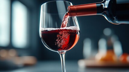 Wall Mural -   A wine glass filled with red wine stands before two bottles of wine, one in the foreground and another in the background