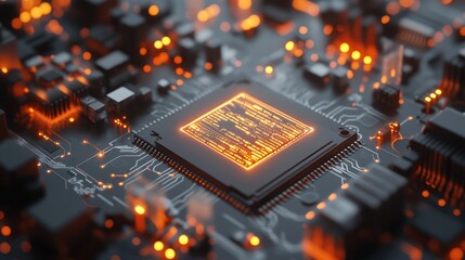 Wall Mural - Close-up of a glowing CPU on a circuit board