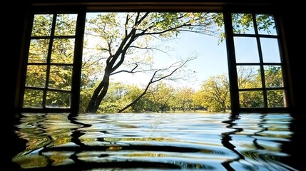 Wall Mural -   An open window overlooking a body of water with trees in the foreground and background