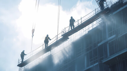 workers on the construction site wearing helmets and architecture sci-fi construction working platform on top of the building, suspended cables, fall protection Labor Day, and the importance of work.