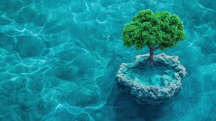 Wall Mural -   A tree perched atop a rock, surrounded by azure water